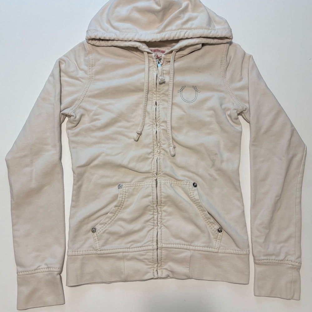 True Religion Beige Zip-Up Hoodie – Classic Horseshoe Logo, Size S